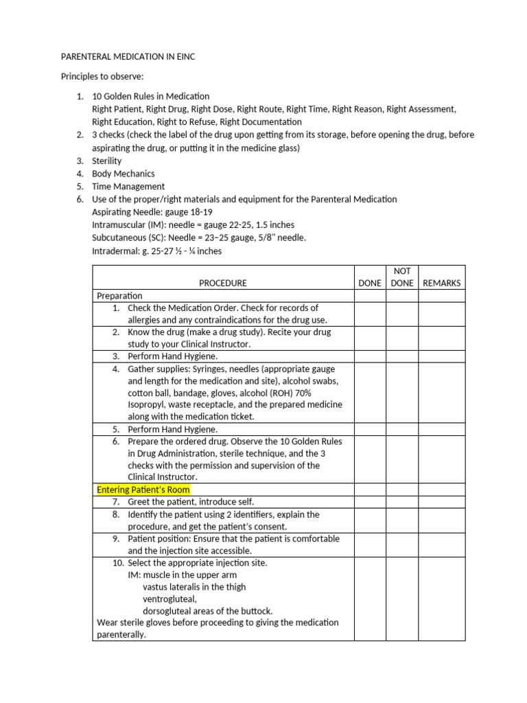 Einc Parenteral Medication Checklist | PDF | Injection (Medicine ...