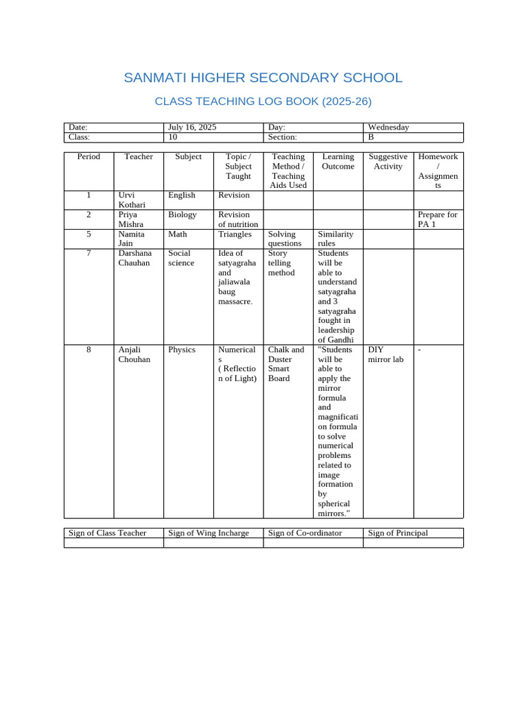 Teaching Log Book for Class 10B | PDF