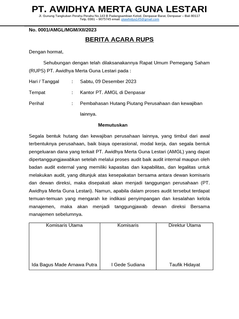 Berita Acara Rups Amgl | PDF