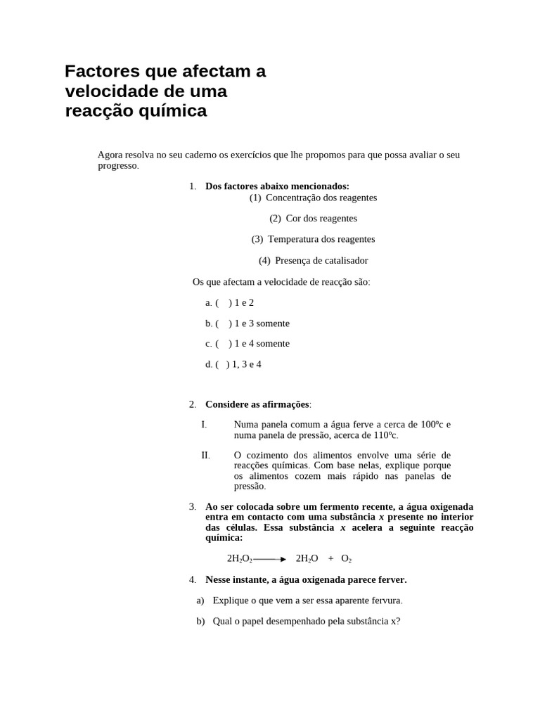 Factores Que Afectam A Velocidade de Uma Reacção Química | PDF ...