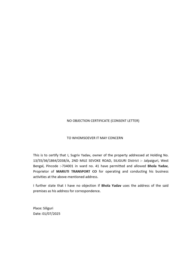 No Objection Certificate for Business Use | PDF