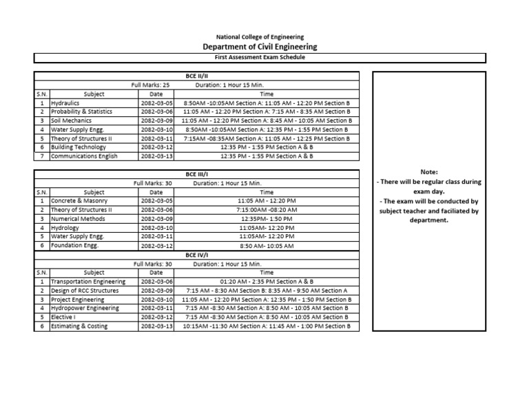 BCE Civil Engineering Exam Timetable | PDF | Civil Engineering | Earth ...