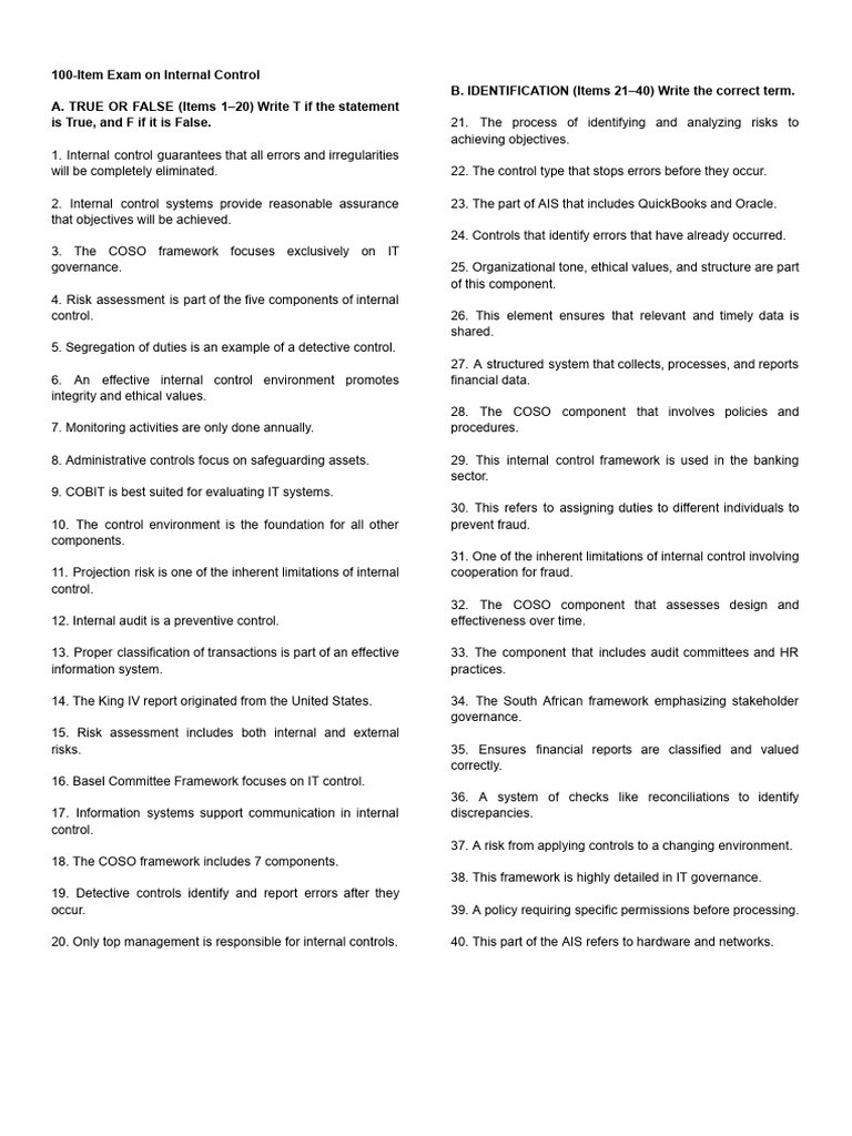 Internal Control Test | PDF | Internal Control | Internal Audit