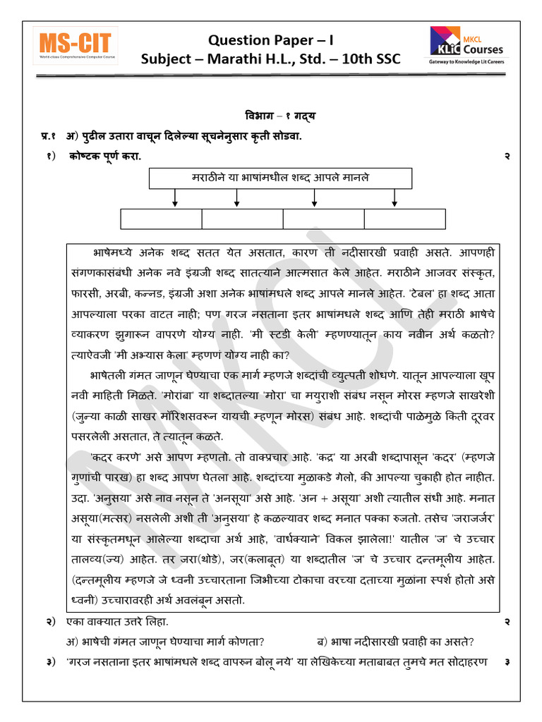 10th MM Marathi HL Set I QP | PDF