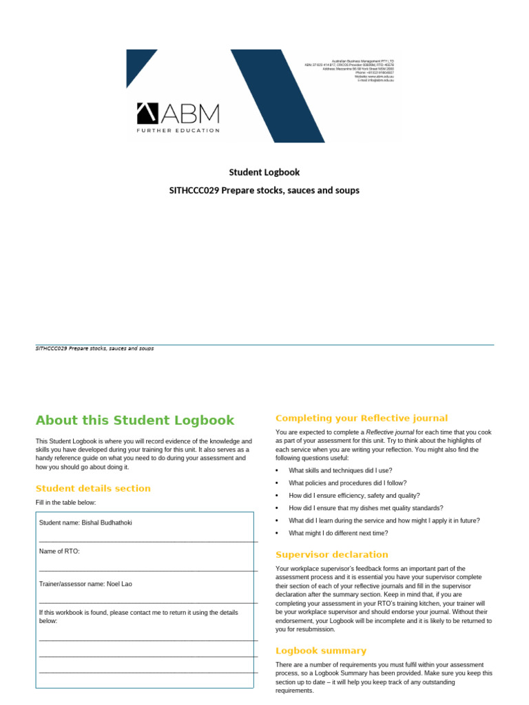 SITHCCC029 Student Logbook | PDF | Sauce | Soup