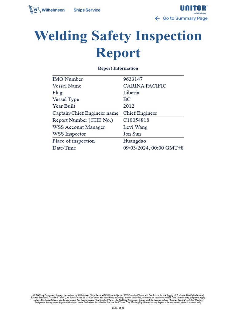 WSS Welding Safety Inspection Report-ARINA PACIFIC | PDF | Welding ...