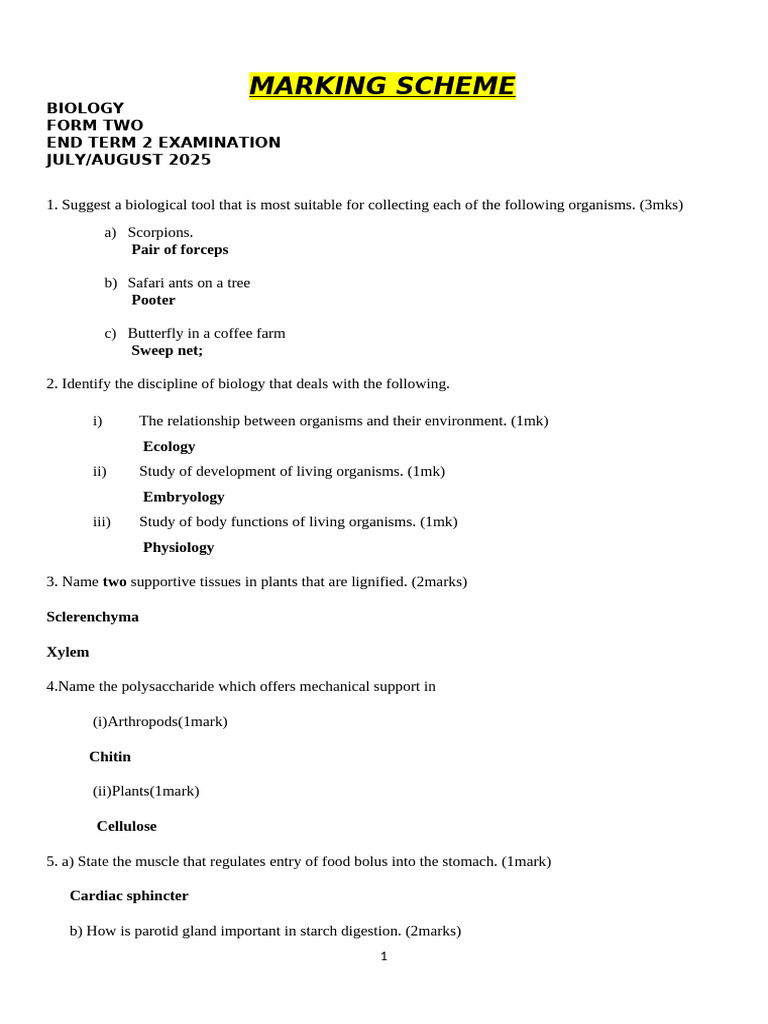 Biology Marking Scheme Form Two Exam PDF Blood Hemodynamics