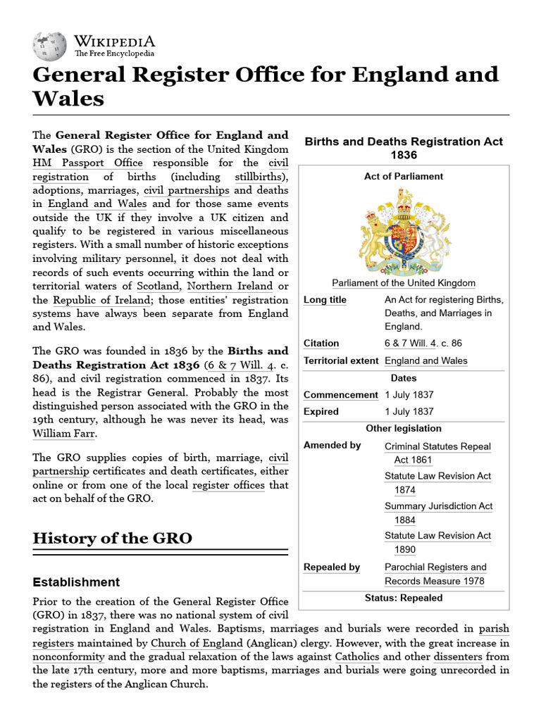 General Register Office For England and Wales - Wikipedia | PDF ...