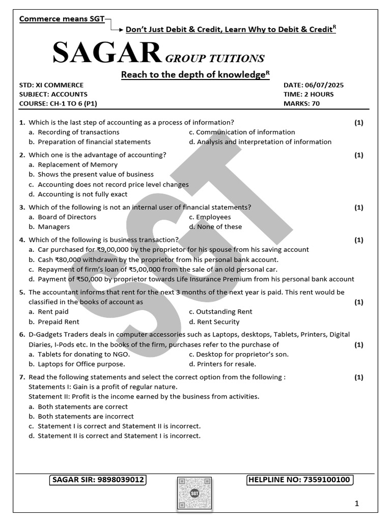 Accounts Exam Paper for XI Commerce | PDF | Debits And Credits | Expense