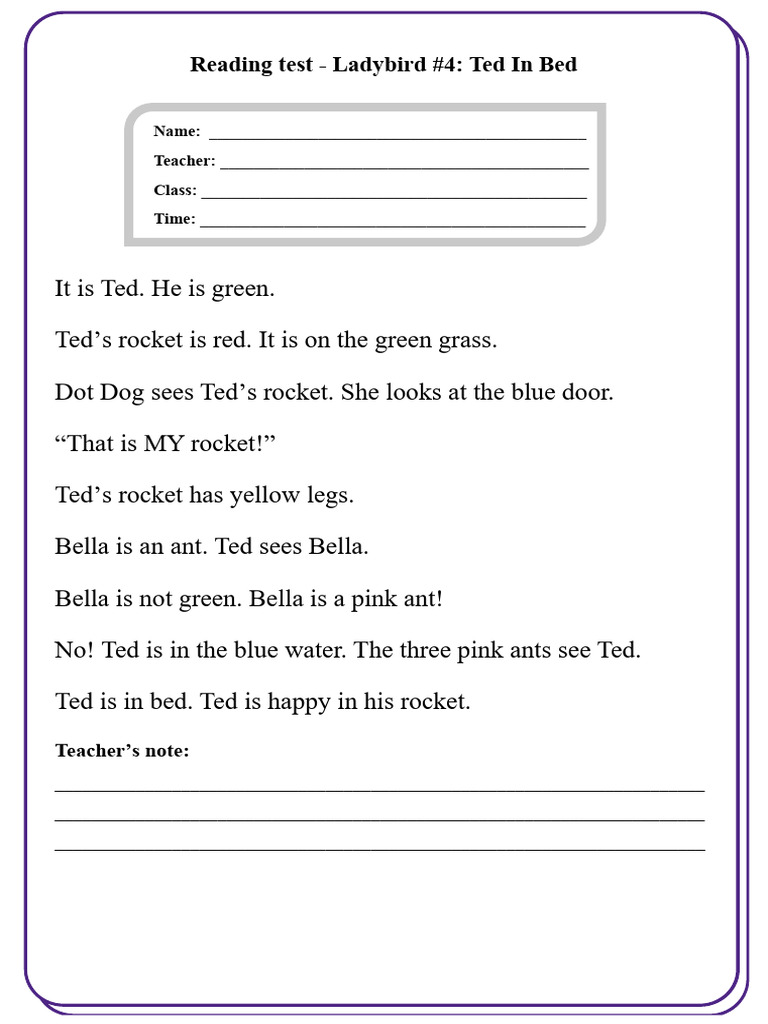 Ted In Bed: Reading Test for Kids | PDF