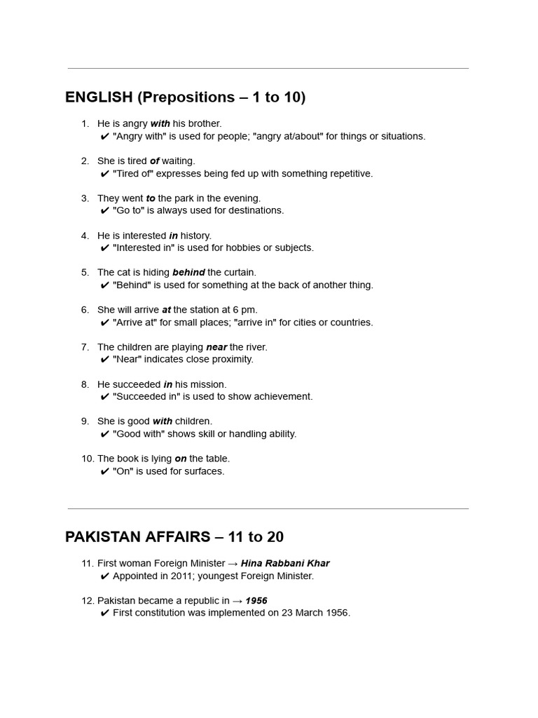 English Prepositions and Pakistan Facts | PDF