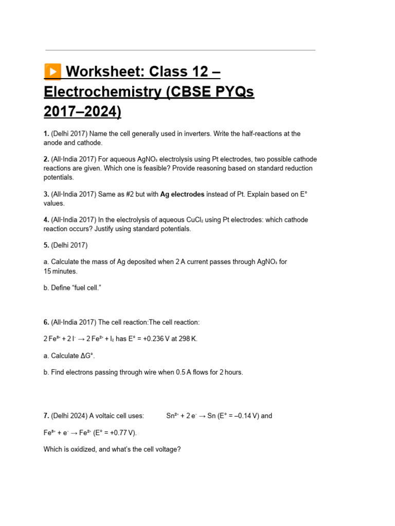 Class 12 Electrochemistry Worksheet PYQs | PDF