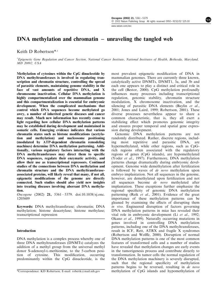 DNA Methylation and Chromatin Dynamics | PDF | Dna Methylation ...