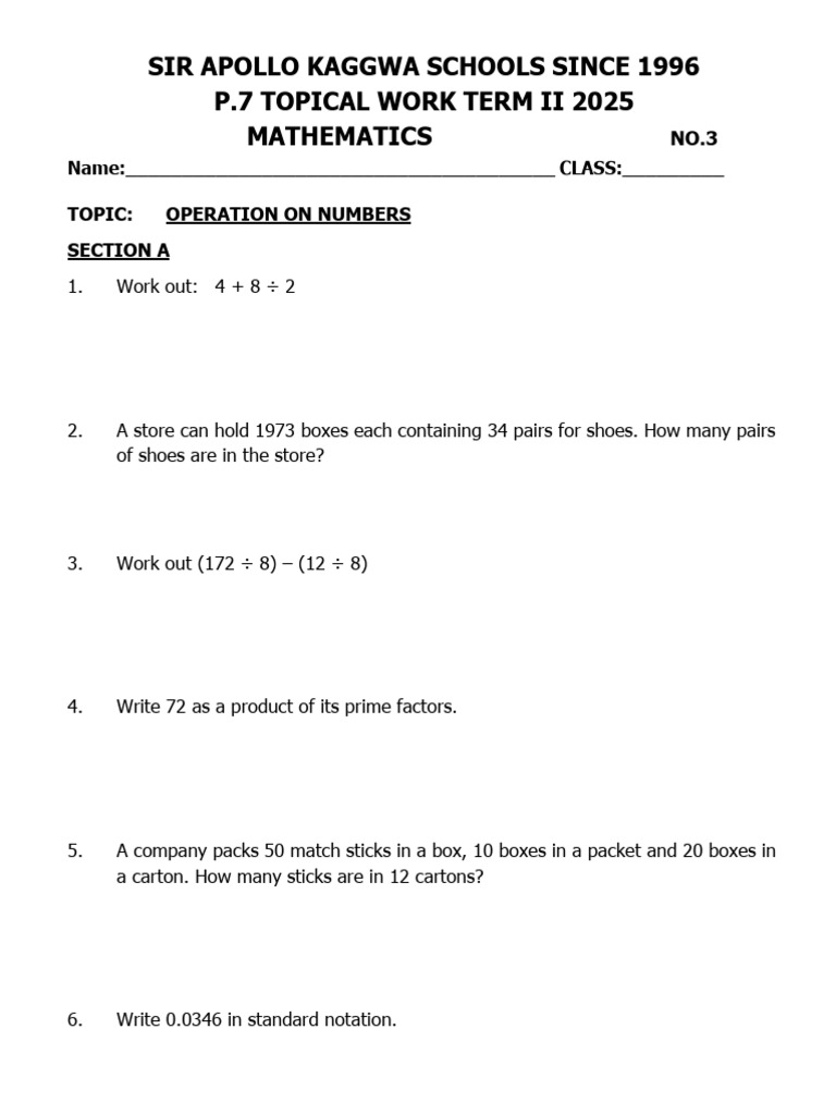 P.7 Mathematics Term II 2025 Worksheets | PDF | Equations | Speed