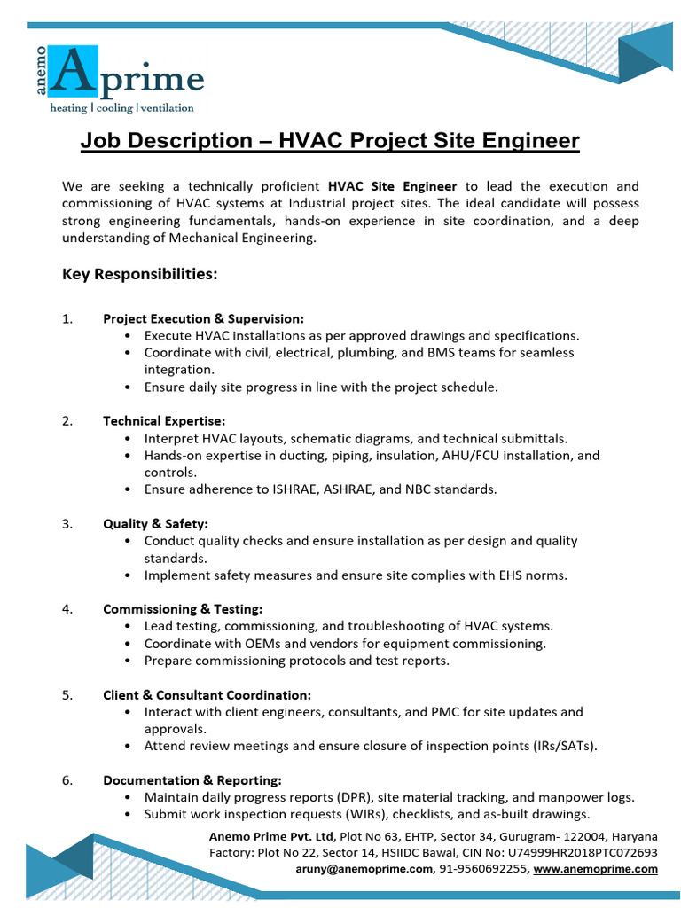 HVAC Project Site Engineer Overview | PDF