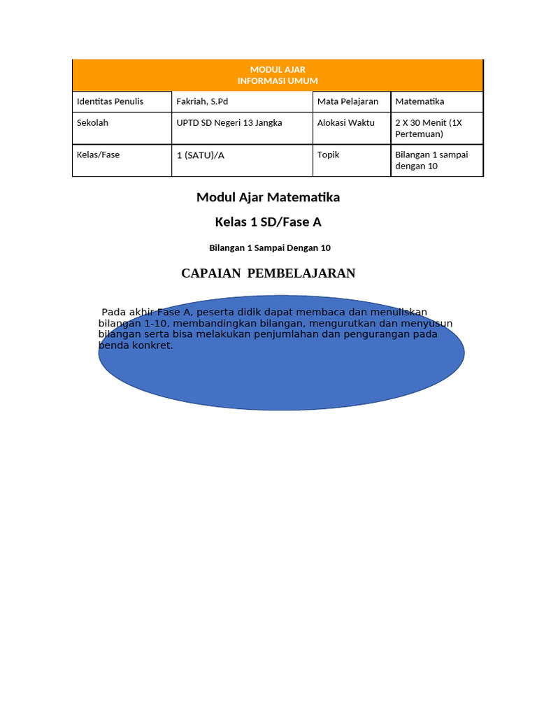 Modul Ajar Matematika Kelas 1 SD | PDF