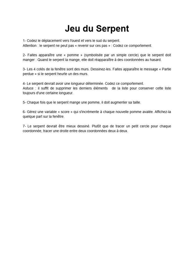 Jeu du Serpent : Guide de Programmation | PDF