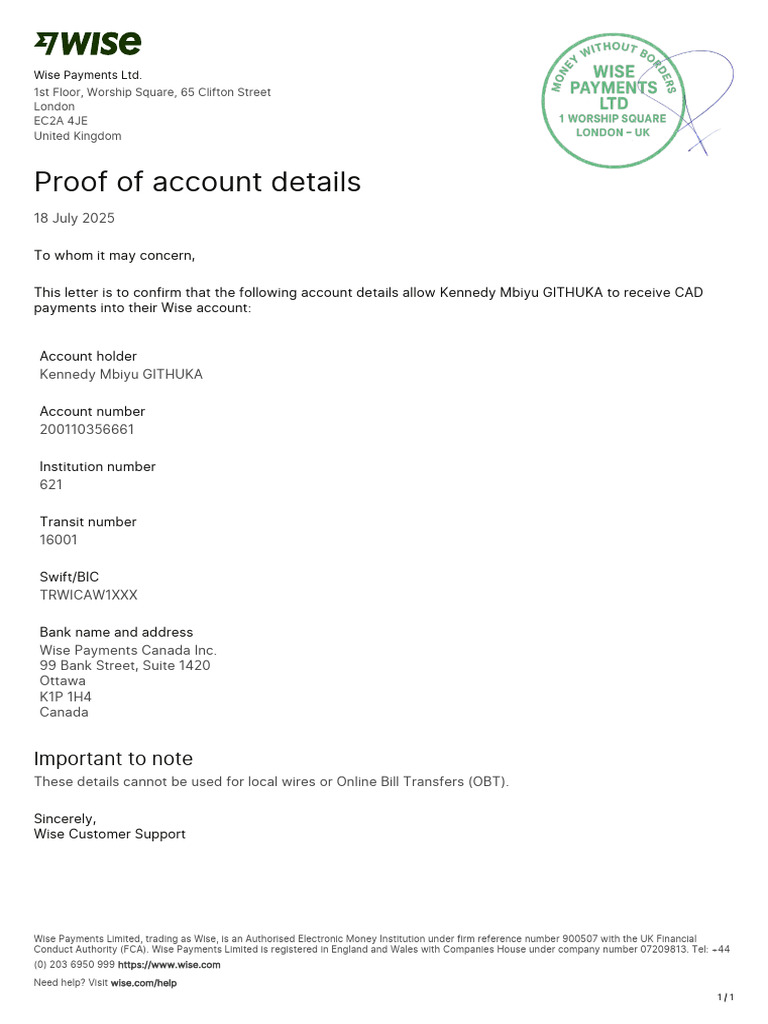 Wise Account Payment Details Confirmation | PDF