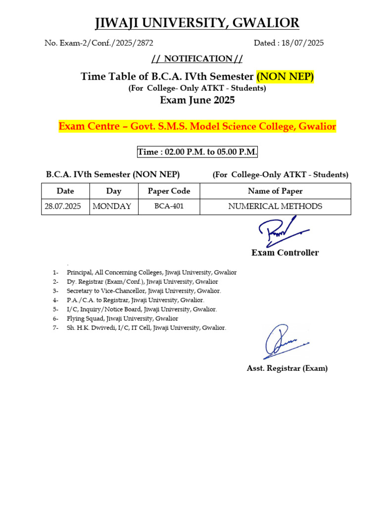 Jiwaji University BCA IV Semester Timetable | PDF