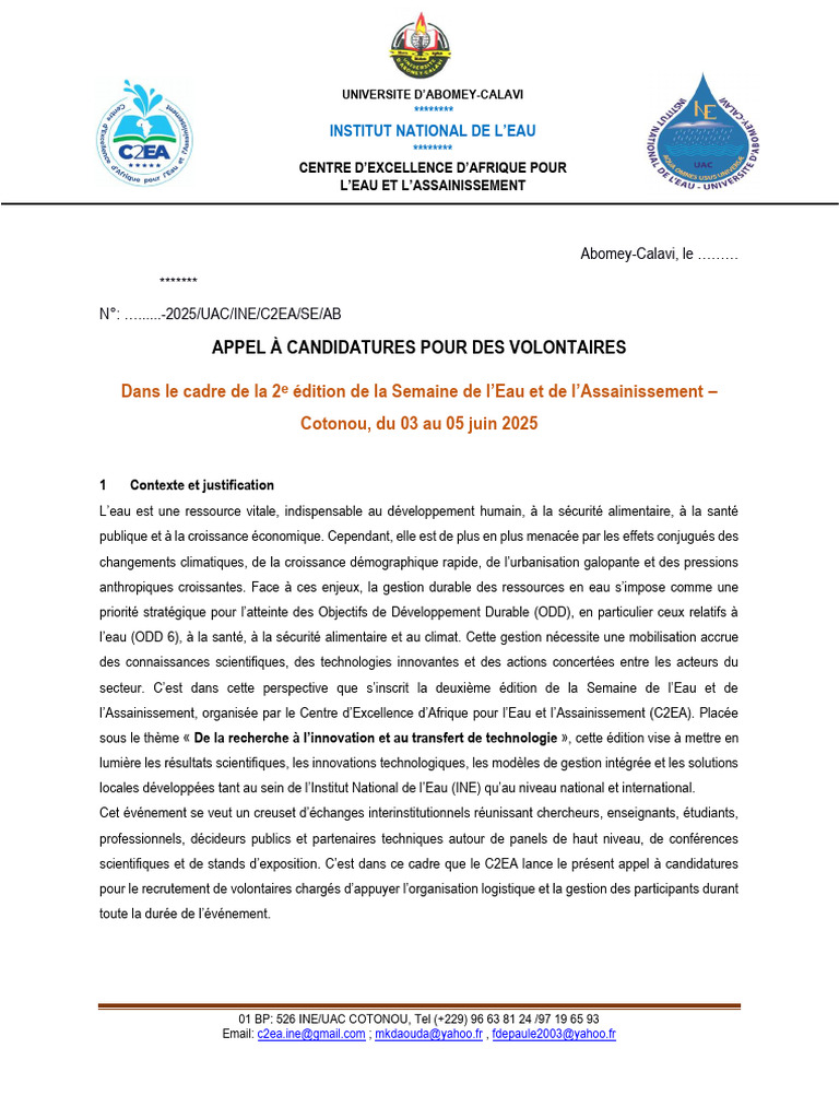 Appel à Candidatures pour Volontaires 2025 | PDF | Développement durable