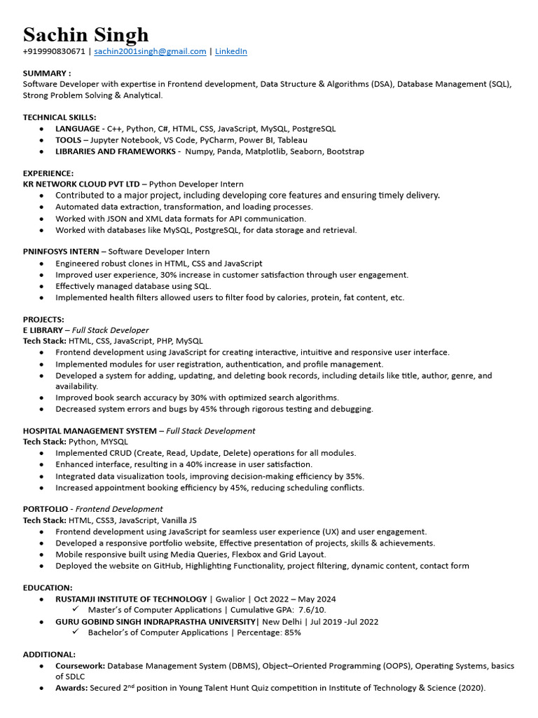 Software Developer Resume - Frontend & Python | PDF | My Sql | Databases