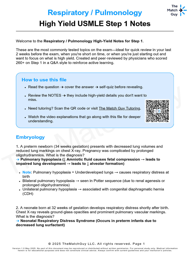 High-Yield Respiratory Notes for Step 1 | PDF | Lung | Pneumonia