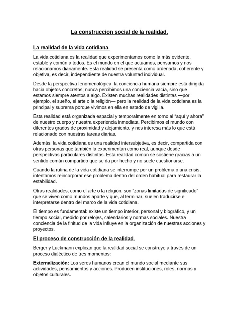 Construcción Social de la Realidad Cotidiana | PDF | Socialización ...