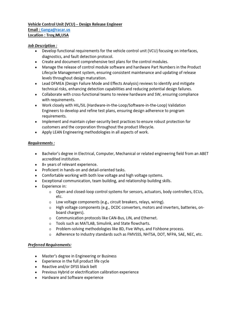 Vehicle Control Unit Design Engineer Role | PDF | Computing | Computer ...