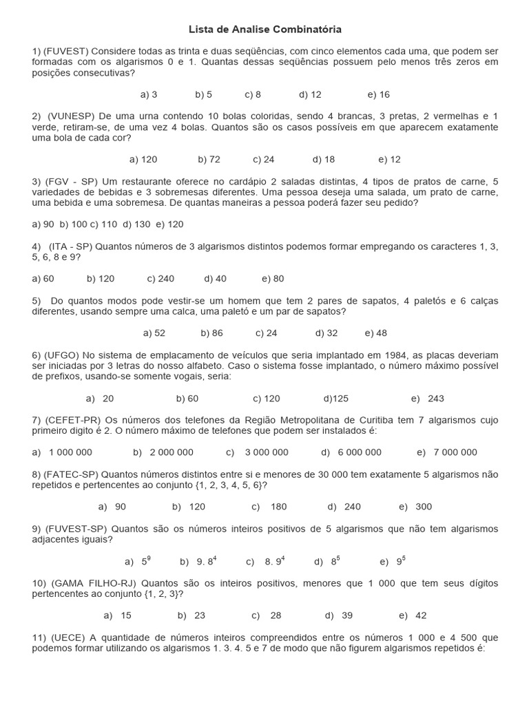Questões de Análise Combinatória | PDF | Combinatória