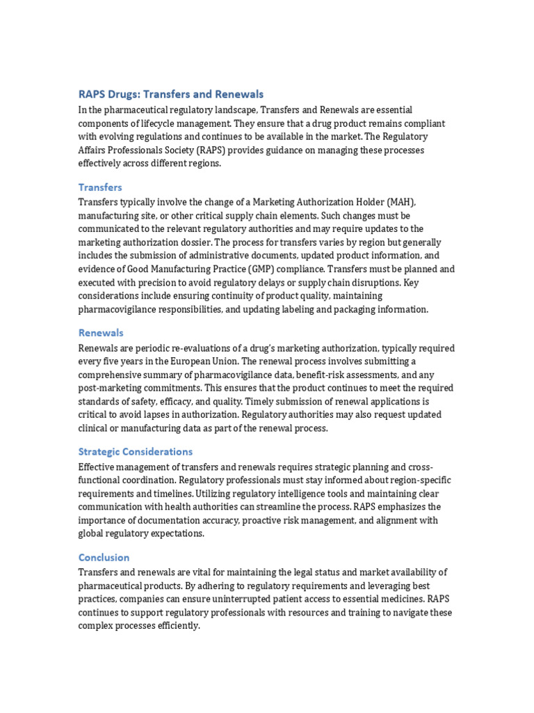 RAPS Transfers and Renewals Expanded | PDF | Pharmacovigilance | Medicine