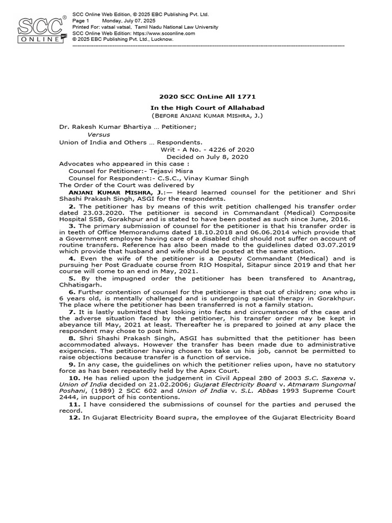 Allahabad HC Ruling on Transfer Order | PDF | Common Law | Public Law