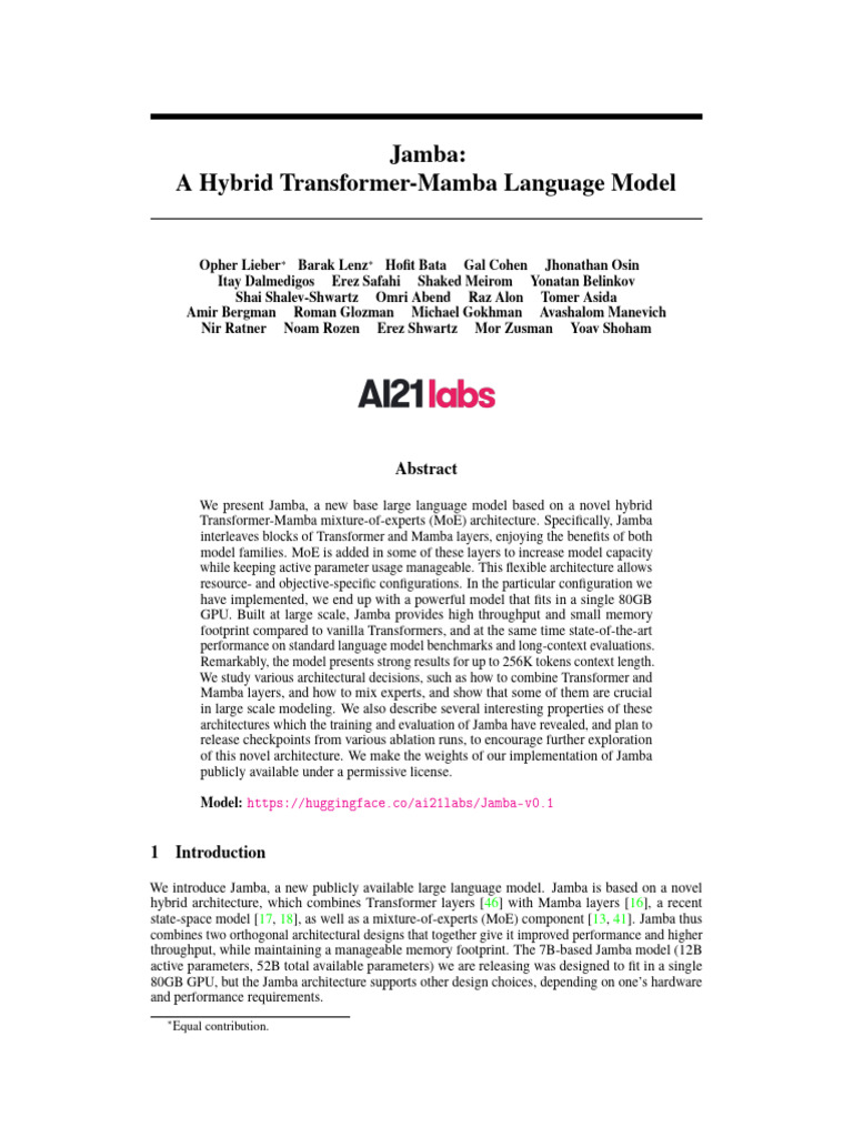 Jamba: Hybrid Transformer-Mamba Model | PDF | Applied Mathematics ...