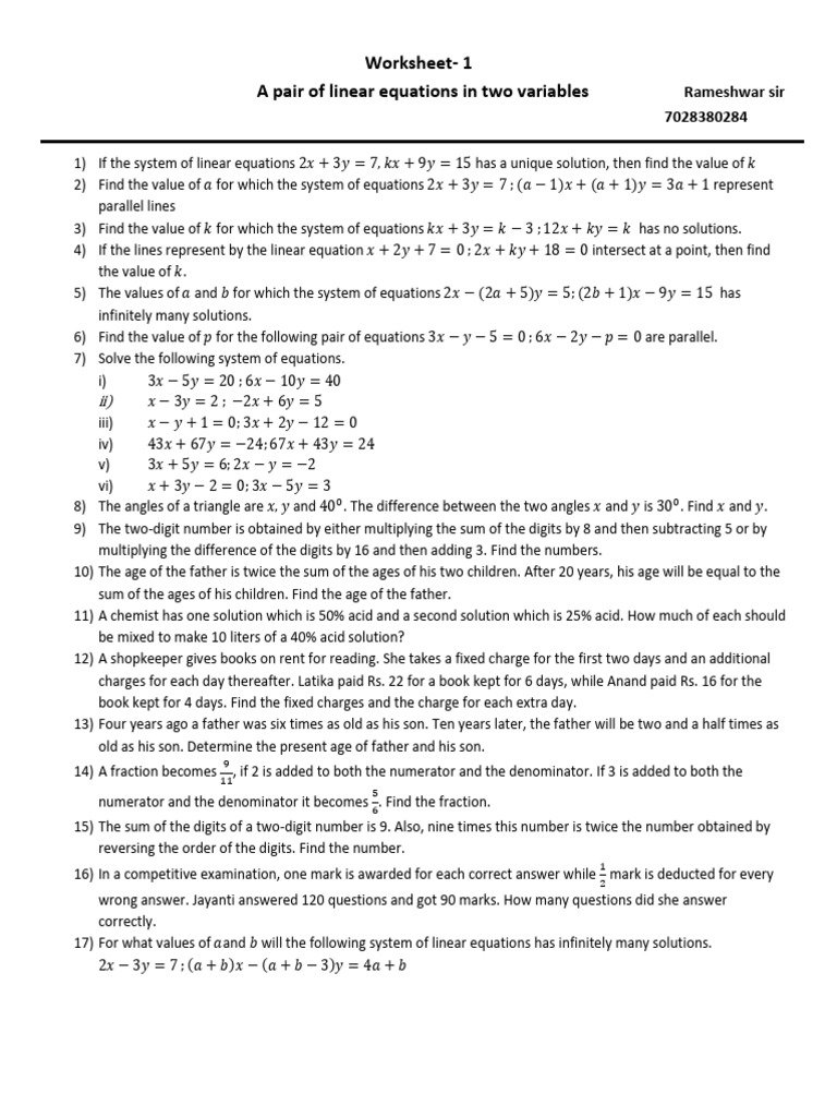 A Pair of Linear Equations in Two Variables Worksheet 1 | PDF ...
