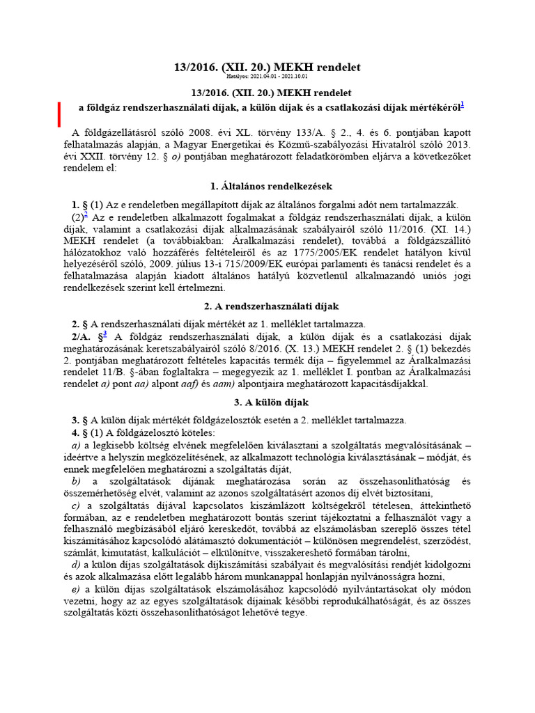 13.2016. (XII. 20.) MEKH Rendelet A Foldgaz Rendszerhasznalati Dijak ...