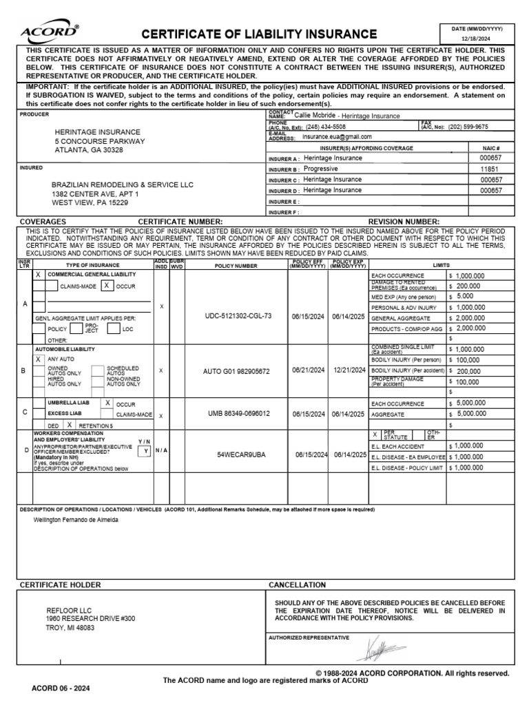 Certificate of Liability Insurance Details | PDF | Civil Law (Legal ...