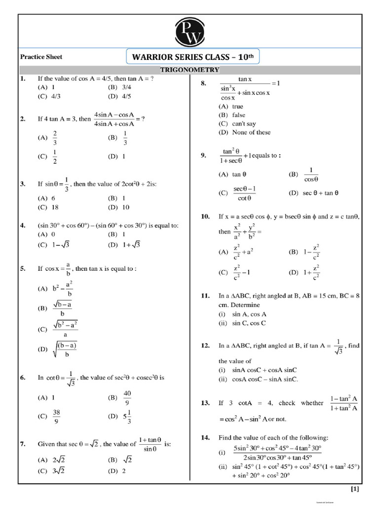 Practice Sheet Trigonometry Warrior Dimple Mam Rohit | PDF
