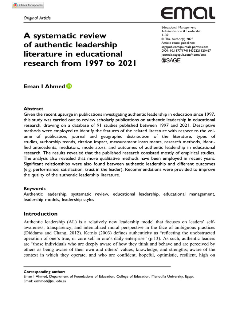 Systematic Review of Authentic Leadership in Education | PDF ...