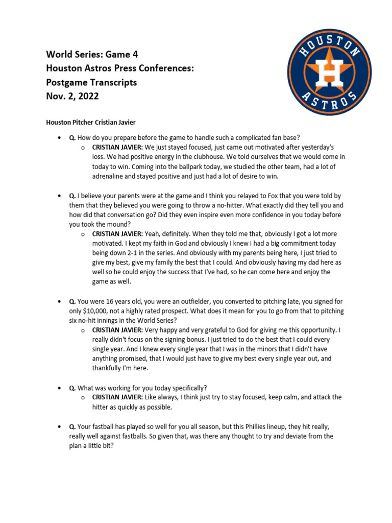 Houston Astros Game 4 World Series Transcripts | PDF | Baseball Teams ...