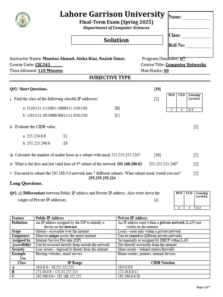 Computer Networks Exam Solutions 2025 | PDF | Internet Protocols ...