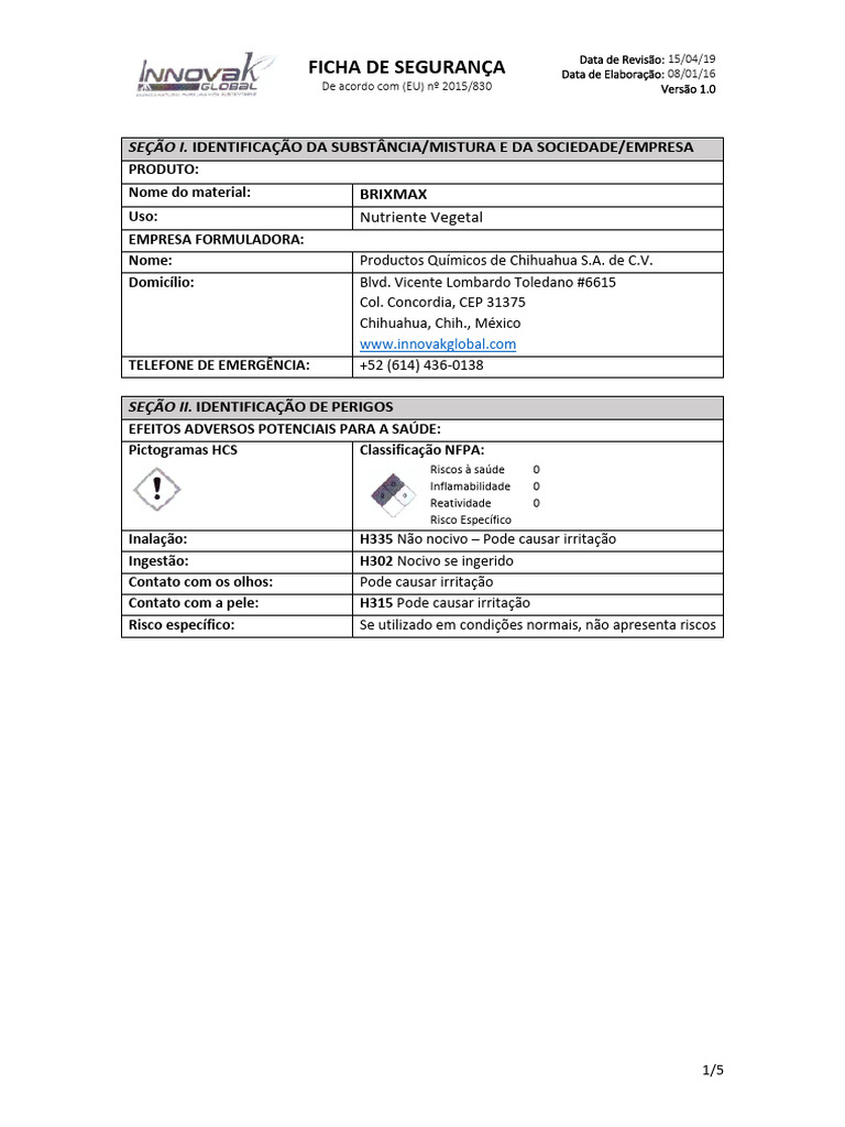 Ficha de Segurança do BRIXMAX | PDF | Incêndios
