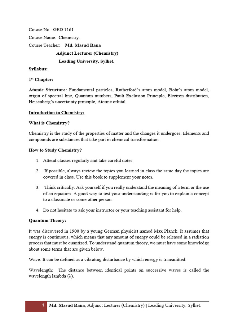 Chemistry Course Syllabus Overview | PDF | Atomic Orbital | Emission ...