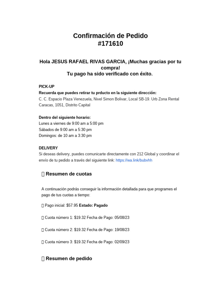 Confirmación de Pedido | PDF