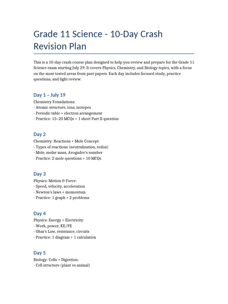 Grade 11 Science 10-Day Revision Plan | PDF