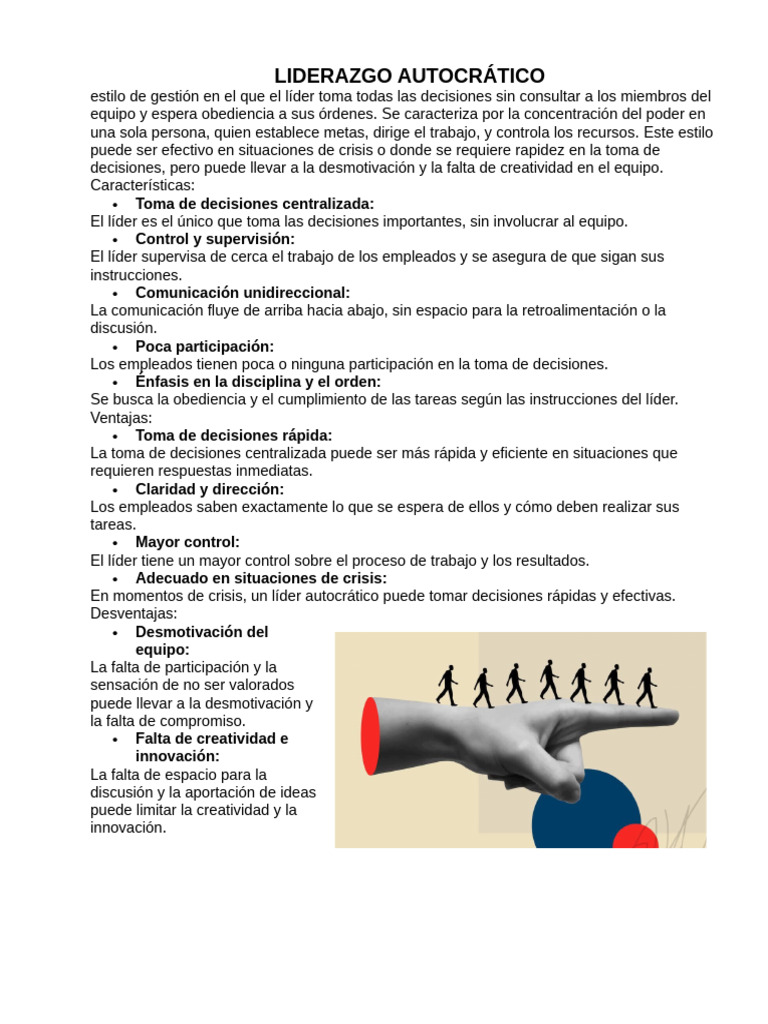 Liderazgo Autocrático: Ventajas y Desventajas | PDF