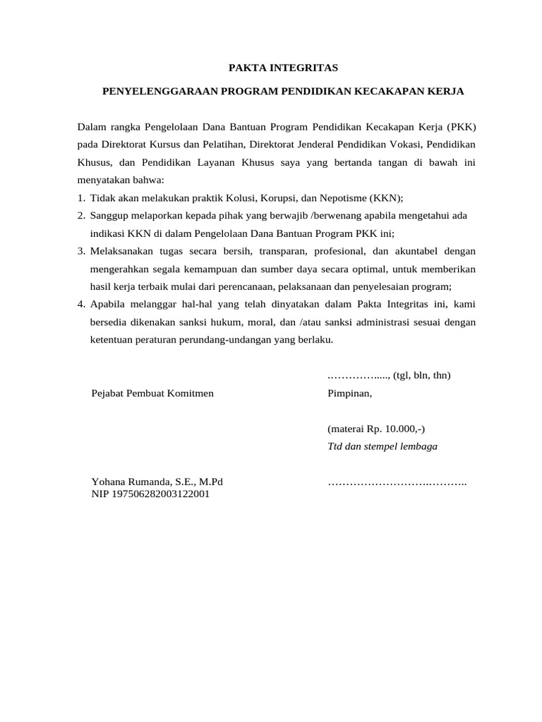 Pakta Integritas Program PKK 2023 | PDF