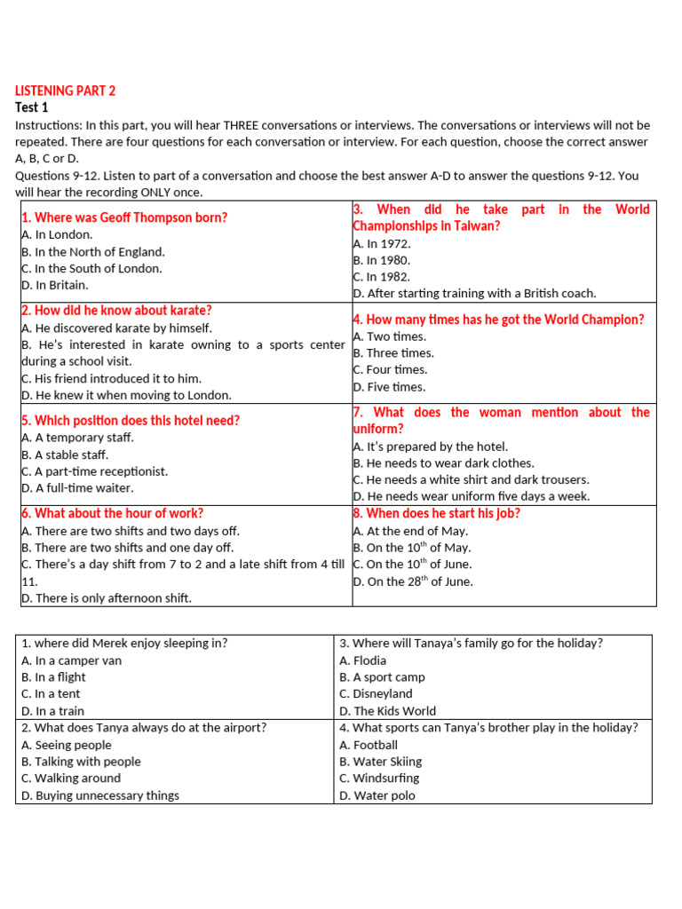 Listening Test Part 2: Conversations & Questions | PDF