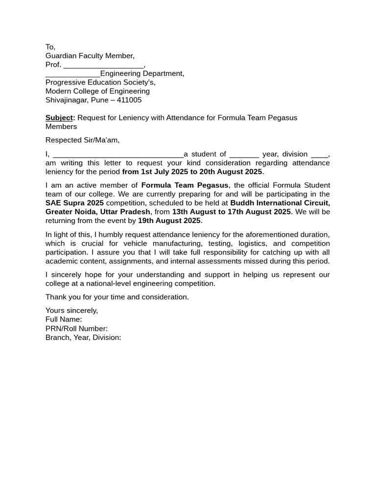 Attendance Leniency Request for Formula Team | PDF