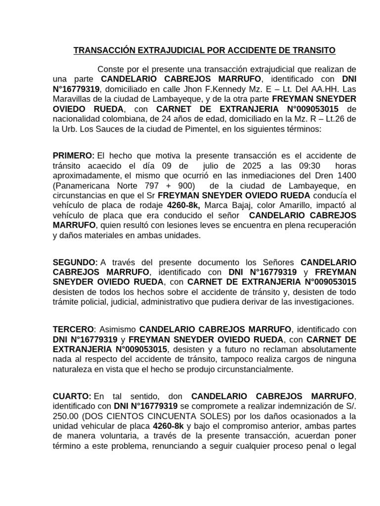 Acuerdo Extrajudicial por Accidente de Tránsito | PDF