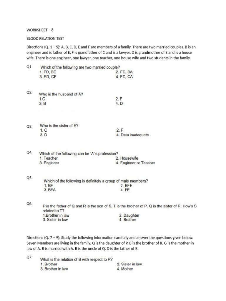 Worksheet 8 Blood Relation Test | PDF