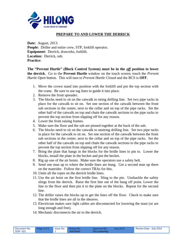 Derrick Lowering Procedure Guide | PDF